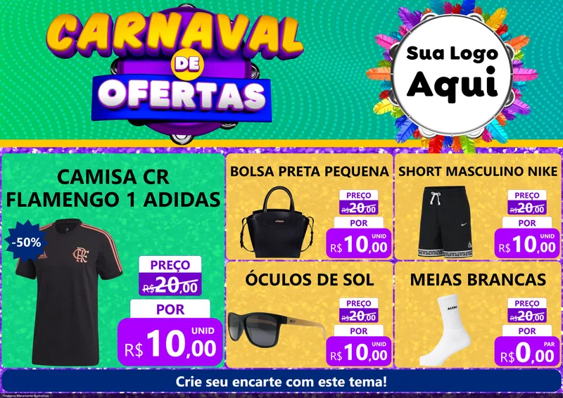 Modelo de Encarte para Encarte A4 Horizontal com o tema Carnaval de Ofertas para Roupas e acessórios