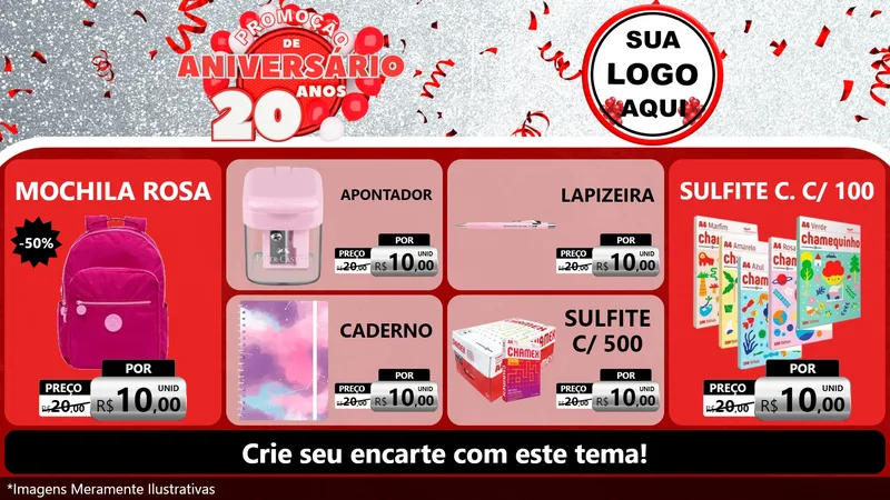 Modelo de TV para TV Horizontal com o tema Promoção de Aniversário - 20 Anos para Papelaria