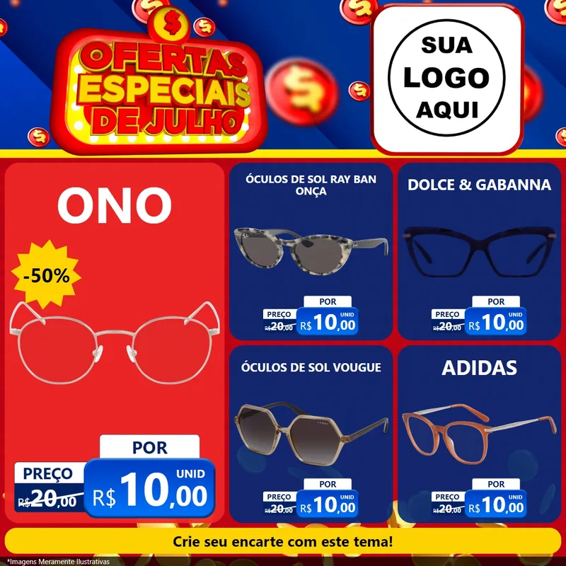 Modelo de Rede Social para Feed Facebook com o tema Ofertas Especiais de Julho para Óticas
