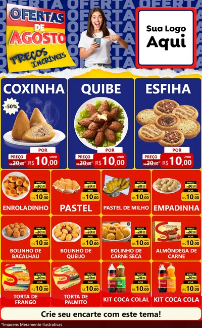 Modelo de Encarte para Encarte Grande com o tema Ofertas de Agosto - Preços Incríveis para Salgadaria