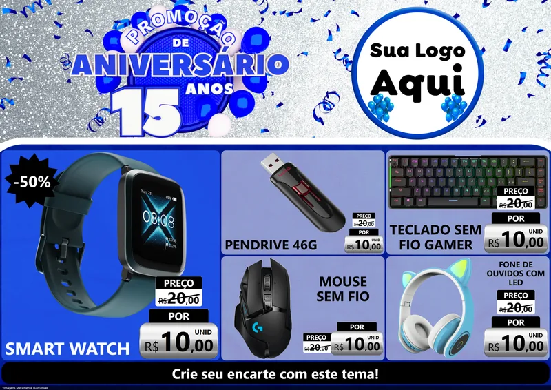 Modelo de Encarte para Encarte A4 Horizontal com o tema Promoção de Aniversário - 15 Anos para Informática