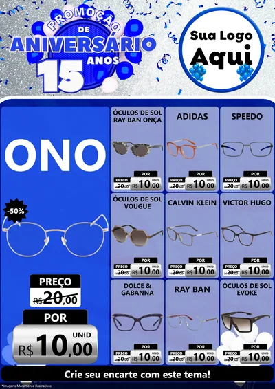 Modelo de Encarte para Encarte A4 Vertical com o tema Promoção de Aniversário - 15 Anos para Óticas