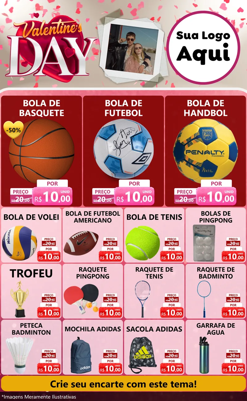 Modelo de Encarte para Encarte Grande com o tema Valentine's Day para Artigos Esportivos