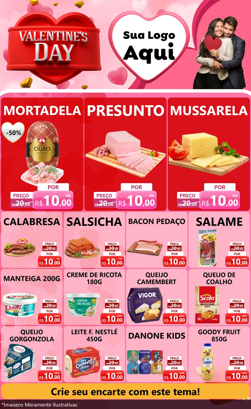 Modelo de Encarte para Encarte Grande com o tema Valentine's Day para Frios e Laticínios