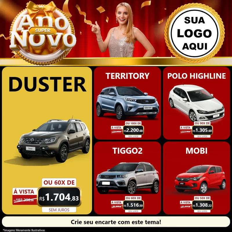Modelo de Rede Social para Feed Facebook com o tema Super Ano Novo para Concessionaria de Carros