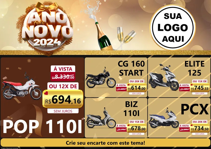 Modelo de Encarte para Encarte A4 Horizontal com o tema Feliz Ano Novo 2027 para Concessionaria de Motos