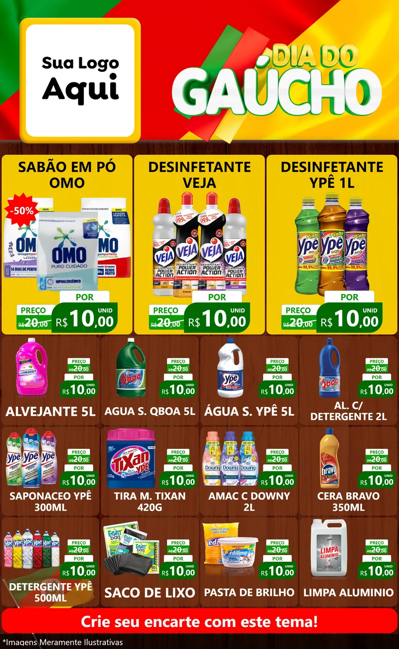 Modelo de Encarte para Encarte Grande com o tema Dia do Gaúcho para Produtos de Limpeza