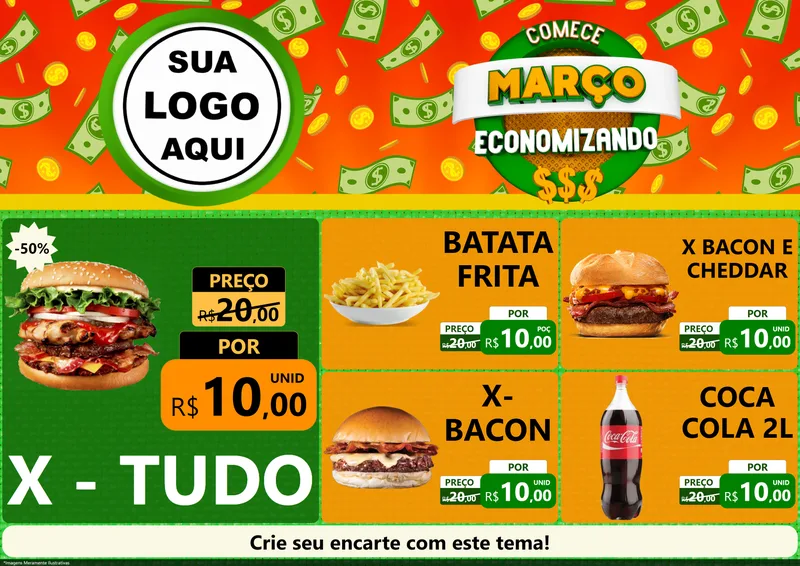 Modelo de Encarte para Encarte A4 Horizontal com o tema Comece Março Economizando para Hamburgueria