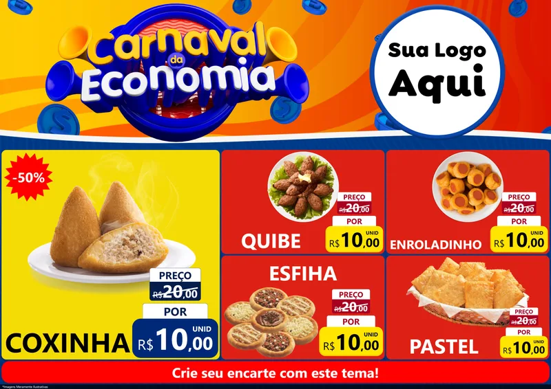Modelo de Encarte para Encarte A4 Horizontal com o tema Carnaval da Economia para Salgadaria
