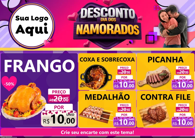 Modelo de Encarte para Encarte A4 Horizontal com o tema Desconto Dia dos Namorados para Assados