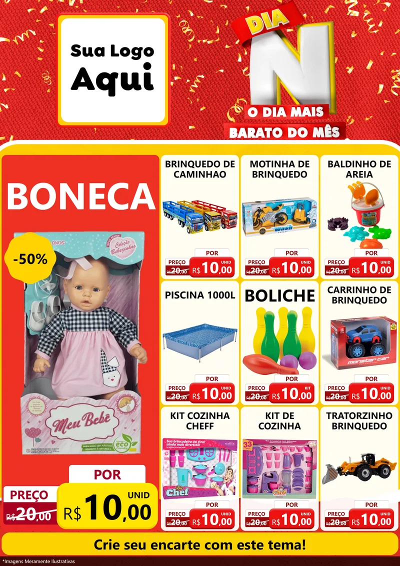 Modelo de Encarte para Encarte A4 Vertical com o tema Dia N o Dia Mais Barato do Mês para Brinquedos
