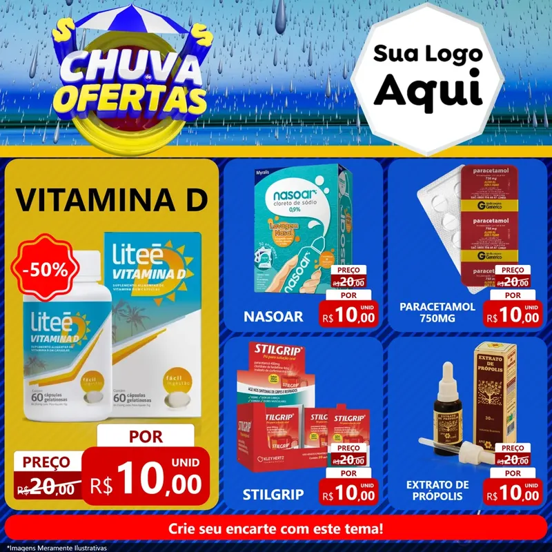 Modelo de Rede Social para Feed Facebook com o tema Chuva de Ofertas para Farmácia