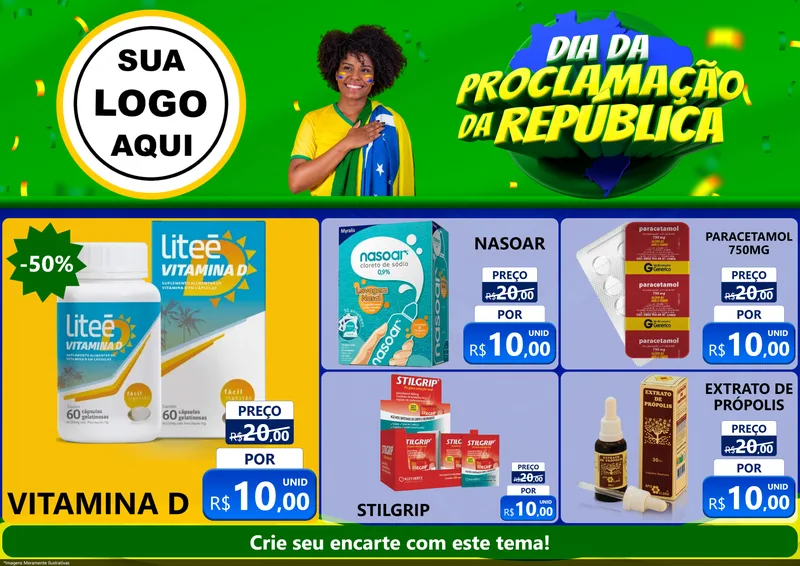 Modelo de Encarte para Encarte A4 Horizontal com o tema Dia Da Proclamação Da República para Farmácia