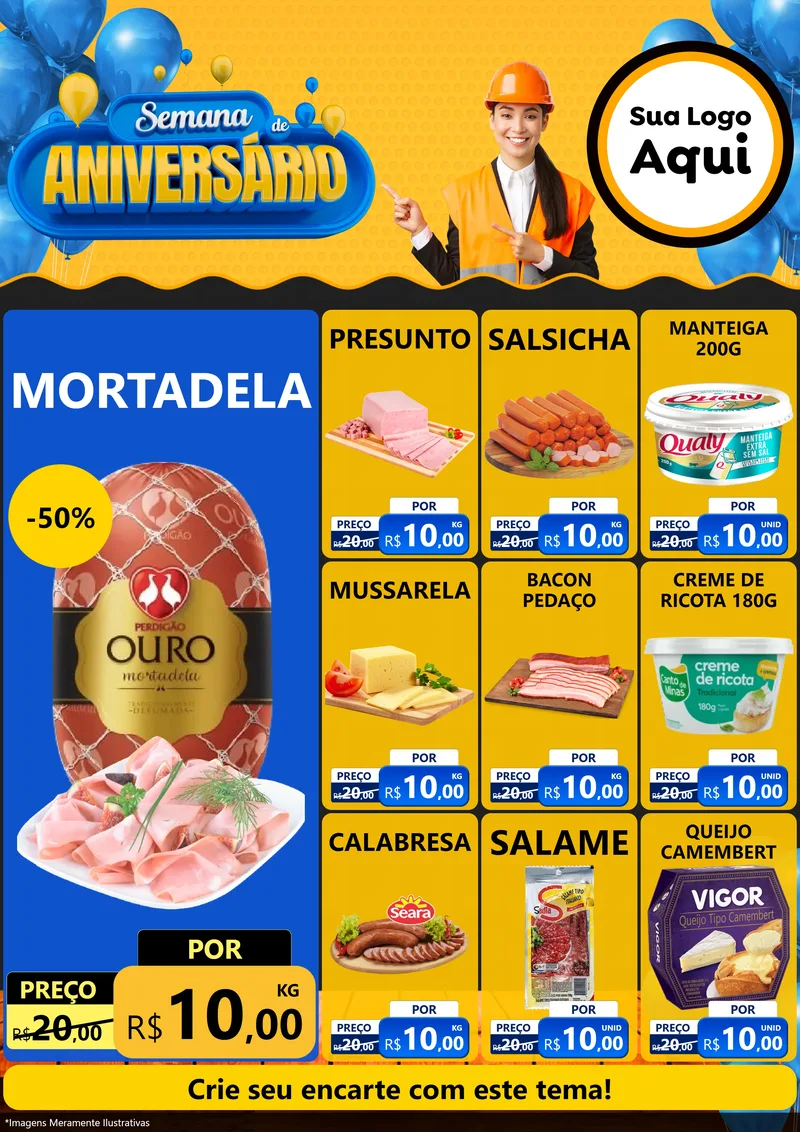 Modelo de Encarte para Encarte A4 Vertical com o tema Semana de Aniversário para Frios e Laticínios