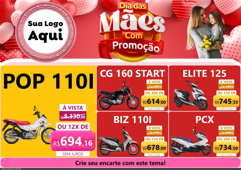 Modelo de Encarte para Encarte A4 Horizontal com o tema Dia Das Mães Com Promoção para Concessionaria de Motos