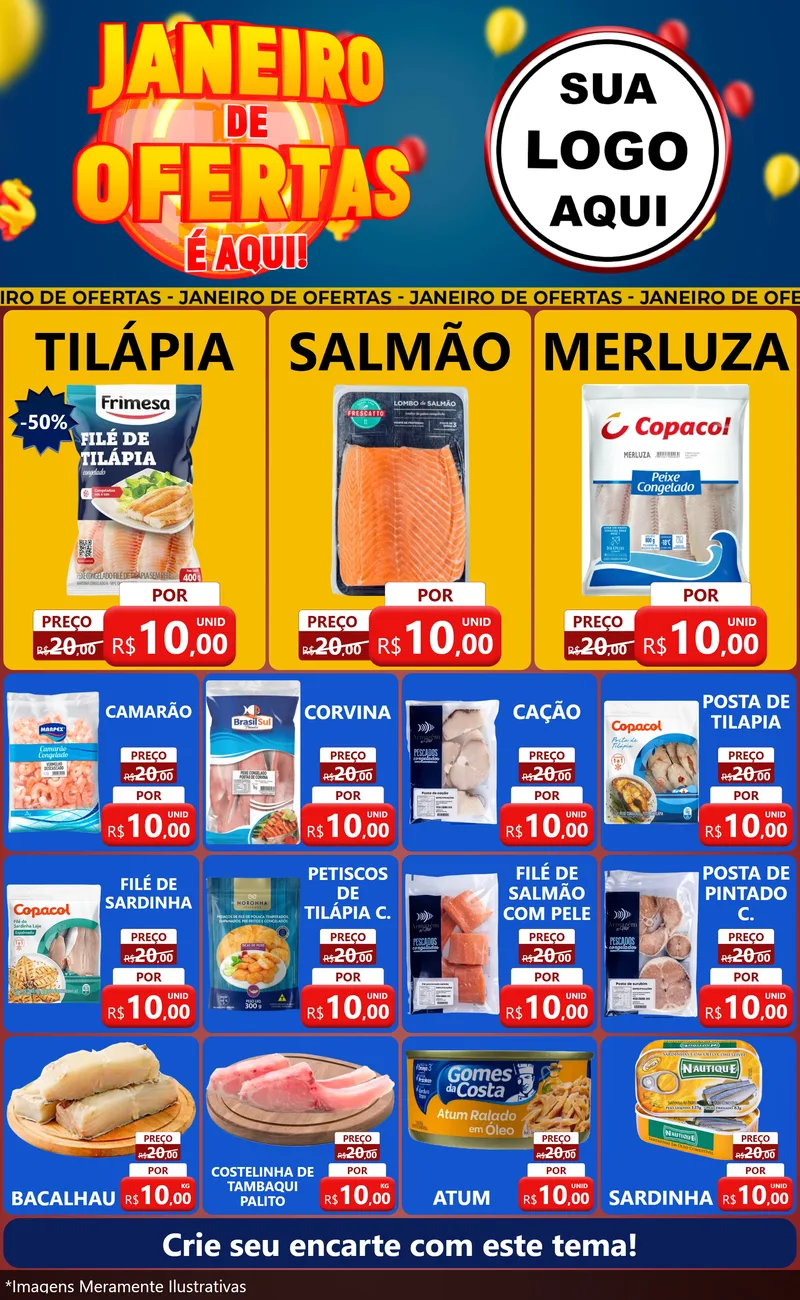 Modelo de Encarte para Encarte Grande com o tema Janeiro de Ofertas É Aqui! para Peixaria