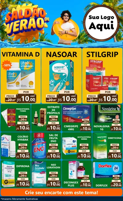 Modelo de Encarte para Encarte Grande com o tema Saldão de Verão para Farmácia