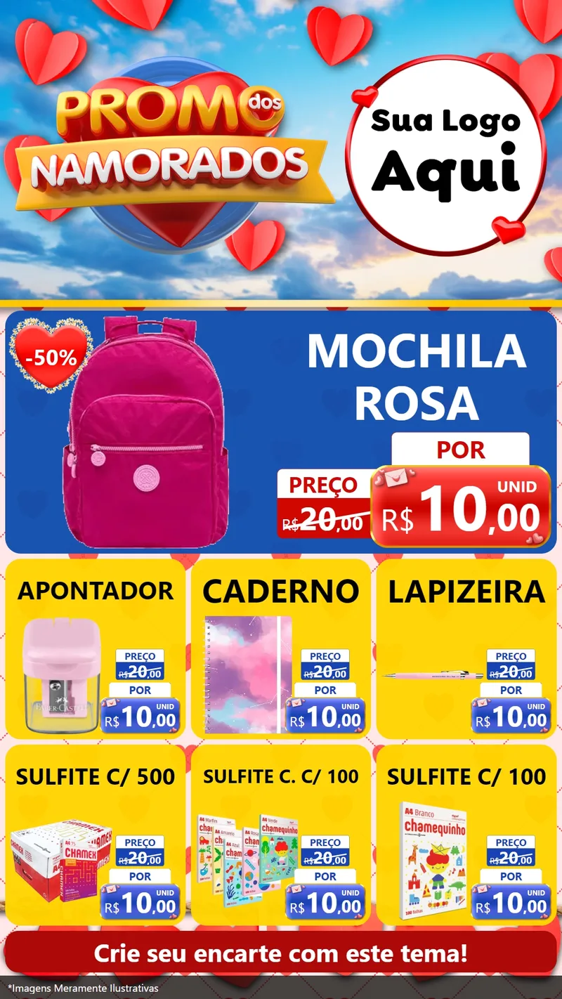 Modelo de Rede Social para Stories com o tema Promo dos Namorados para Papelaria