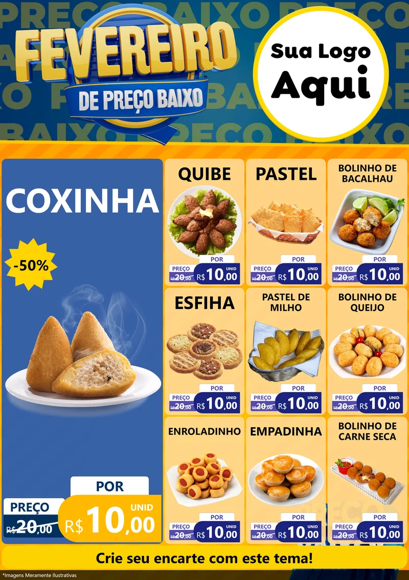 Modelo de Encarte para Encarte A4 Vertical com o tema Fevereiro de Preço Baixo para Salgadaria
