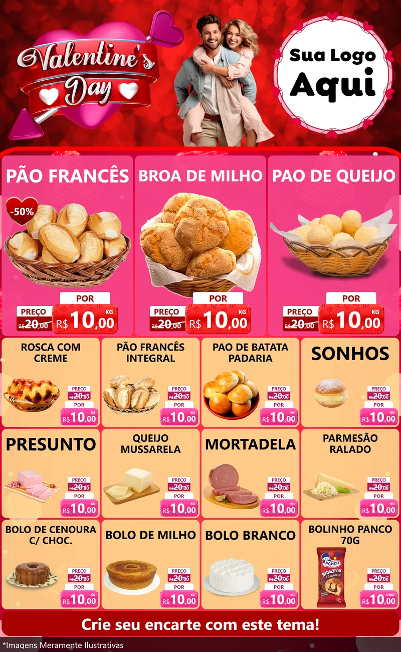 Modelo de Encarte para Encarte Grande com o tema Valentine's Day para Padaria