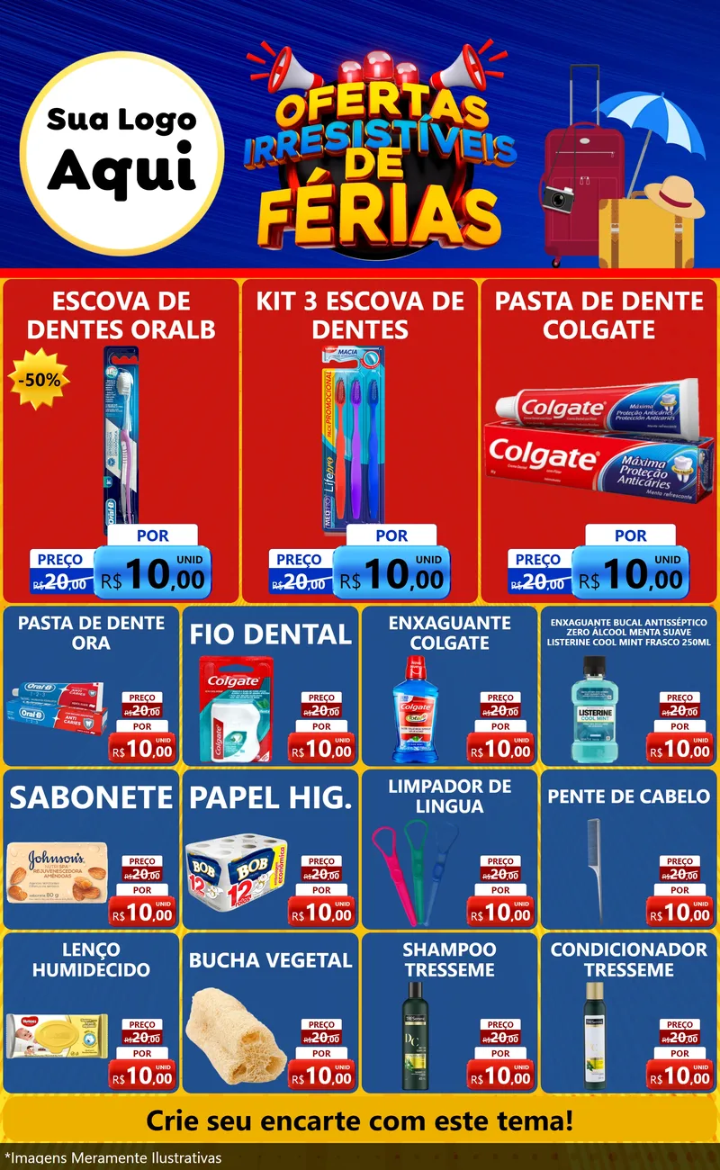 Modelo de Encarte para Encarte Grande com o tema Ofertas Irresistíveis de Férias para Higiene Pessoal