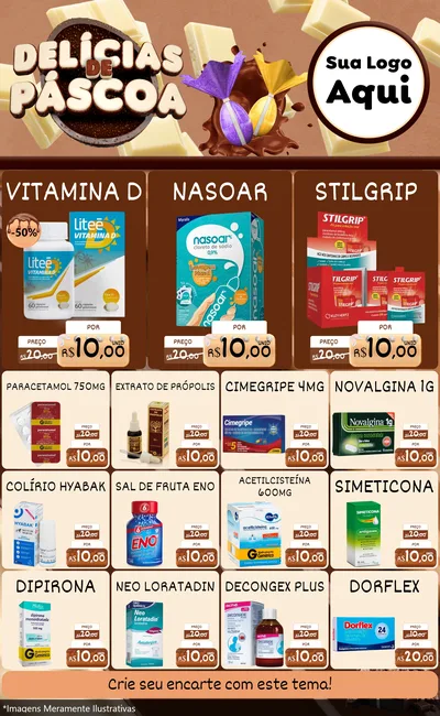 Modelo de Encarte para Encarte Grande com o tema Delícias de Páscoa para Farmácia