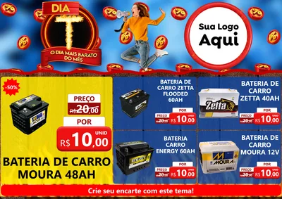 Modelo de Encarte para Encarte A4 Horizontal com o tema Dia T - O Dia Mais Barato Do Mês para Baterias Elétricas