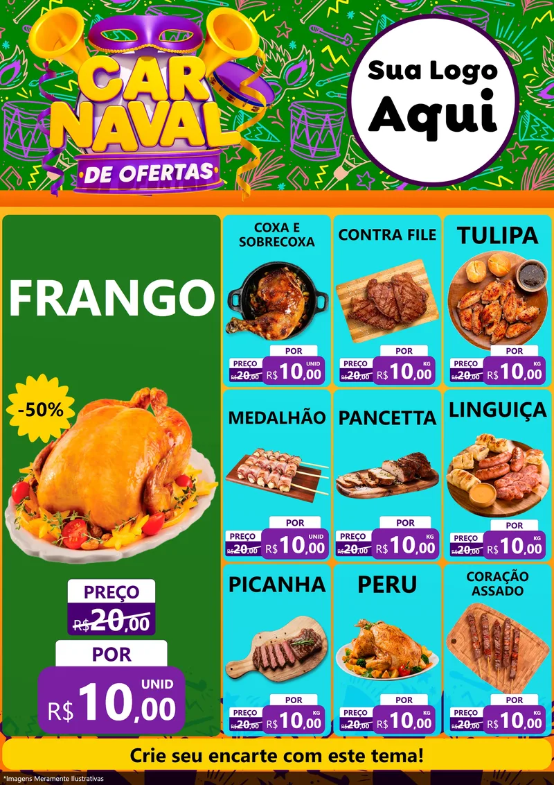 Modelo de Encarte para Encarte A4 Vertical com o tema Carnaval de Ofertas para Assados