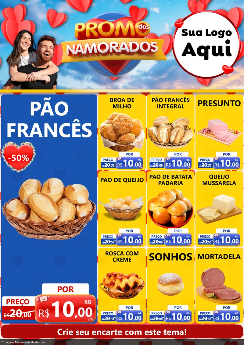 Modelo de Encarte para Encarte A4 Vertical com o tema Promo dos Namorados para Padaria