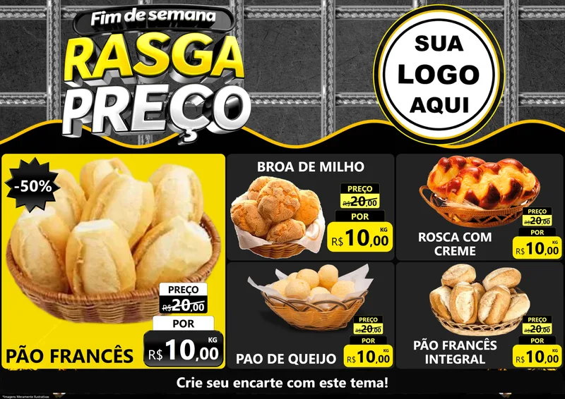 Modelo de Encarte para Encarte A4 Horizontal com o tema Fim de Semana Rasga Preço para Padaria