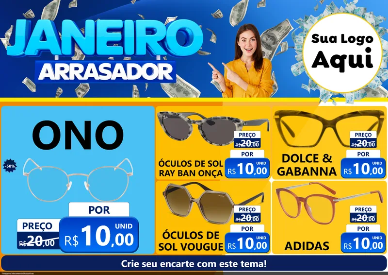 Modelo de Encarte para Encarte A4 Horizontal com o tema Janeiro Arrasador para Óticas