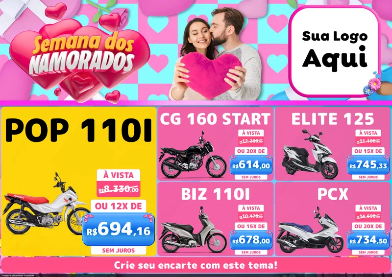 Modelo de Encarte para Encarte A4 Horizontal com o tema Semana dos Namorados para Concessionaria de Motos