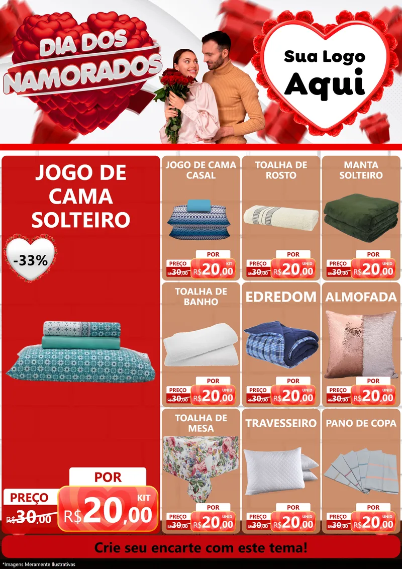 Modelo de Encarte para Encarte A4 Vertical com o tema Dia dos Namorados para Cama, Mesa e Banho
