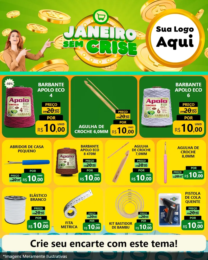 Modelo de Rede Social para Feed Instagram com o tema Janeiro Sem Crise para Armarinho e Aviamentos