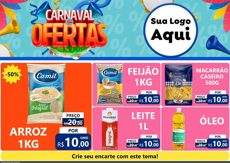 Modelo de Encarte para Encarte A4 Horizontal com o tema Carnaval de Ofertas para Supermercado