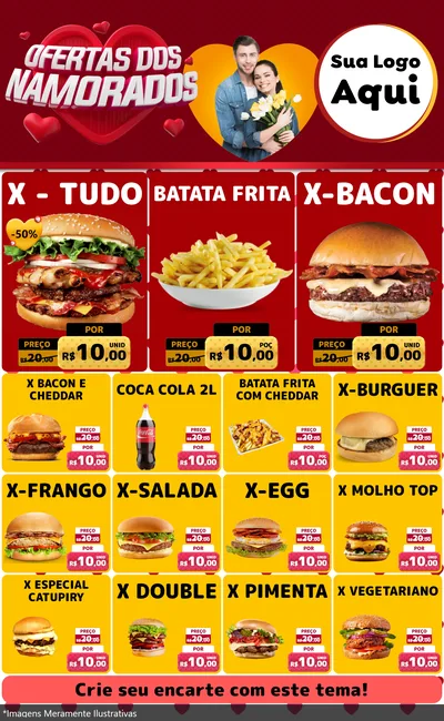 Modelo de Encarte para Encarte Grande com o tema Ofertas Dos Namorados para Hamburgueria