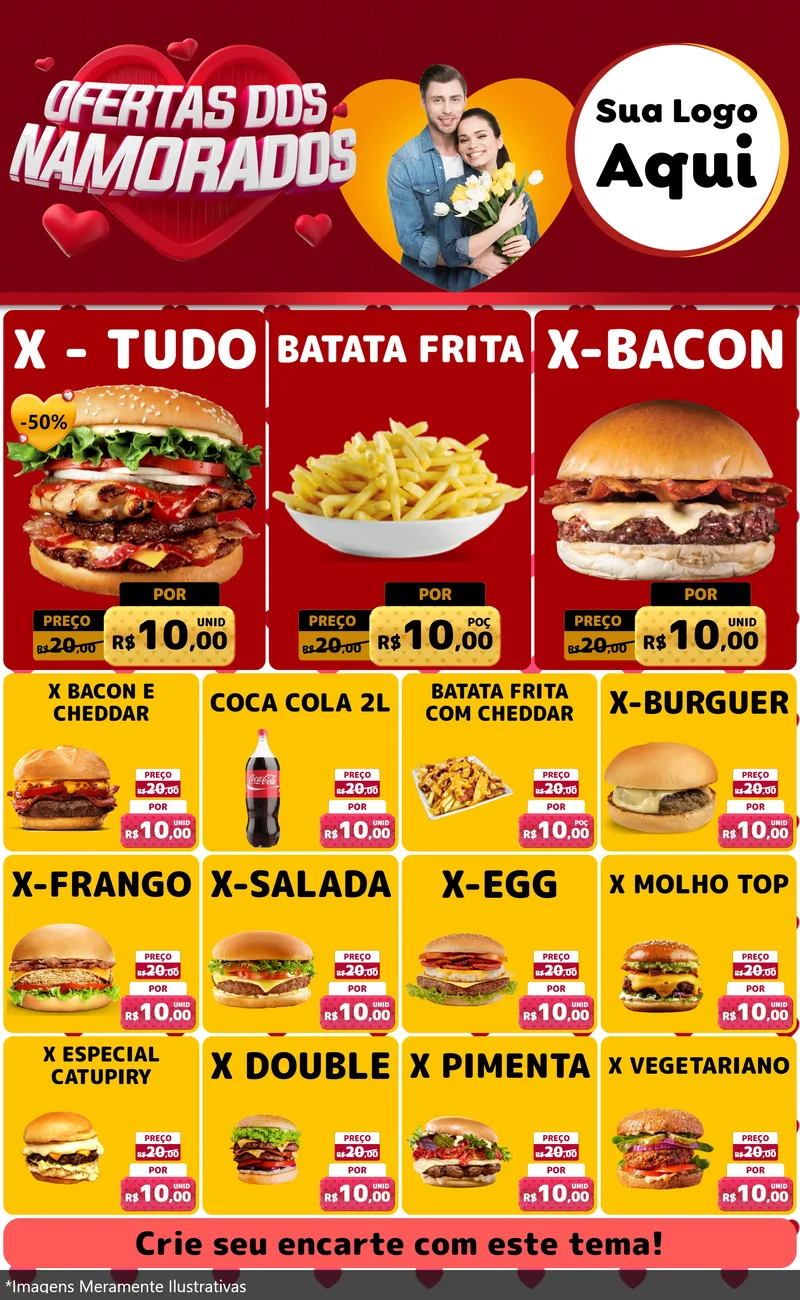 Modelo de Encarte para Encarte Grande com o tema Ofertas Dos Namorados para Hamburgueria