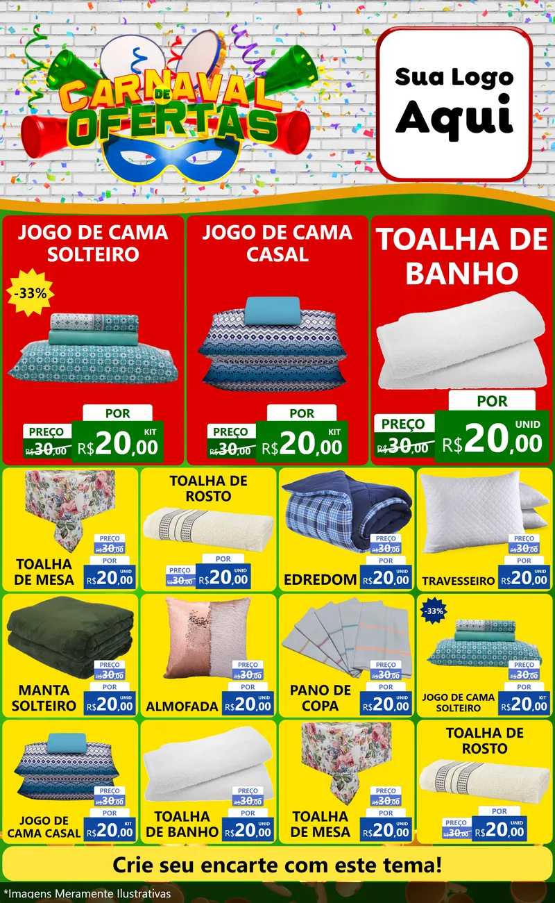 Modelo de Encarte para Encarte Grande com o tema Carnaval de Ofertas para Cama, Mesa e Banho