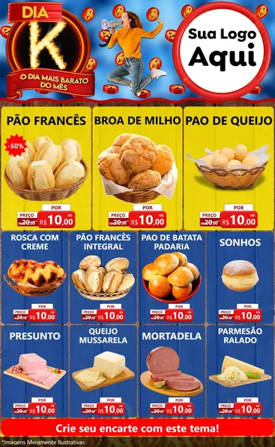 Modelo de Encarte para Encarte Grande com o tema Dia K - O Dia Mais Barato Do Mês para Padaria