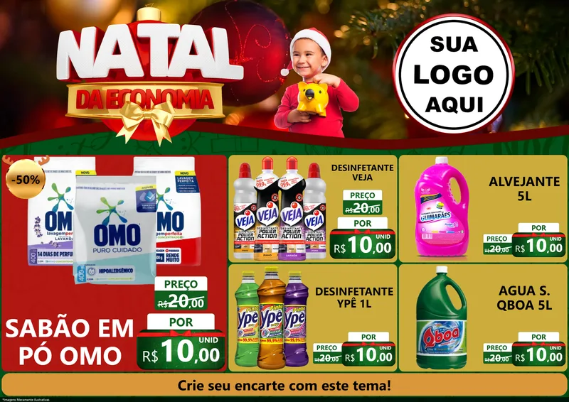 Modelo de Encarte para Encarte A4 Horizontal com o tema Natal da Economia para Produtos de Limpeza