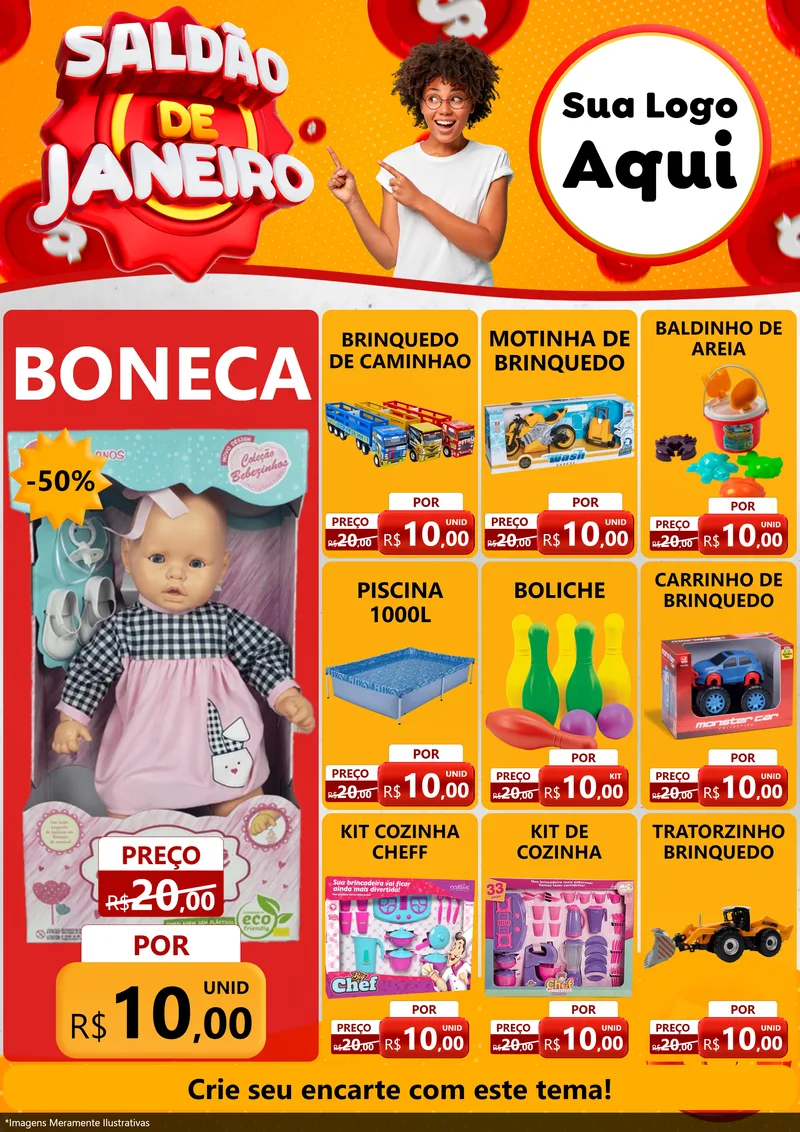 Modelo de Encarte para Encarte A4 Vertical com o tema Saldão de Janeiro para Brinquedos