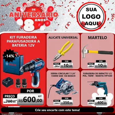 Modelo de Rede Social para Feed Facebook com o tema Promoção de Aniversário - 8 Anos para Maquinas e Ferramentas