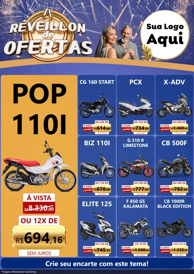 Modelo de Encarte para Encarte A4 Vertical com o tema Réveillon de Ofertas para Concessionaria de Motos