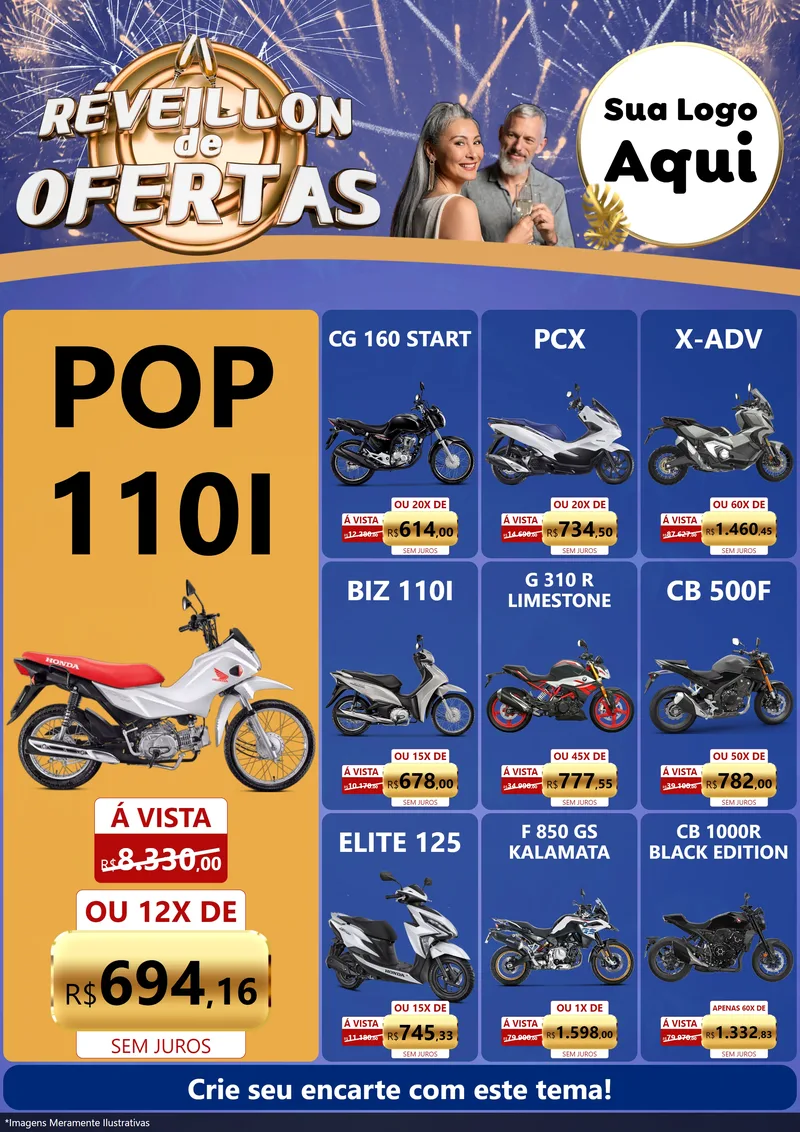 Modelo de Encarte para Encarte A4 Vertical com o tema Réveillon de Ofertas para Concessionaria de Motos