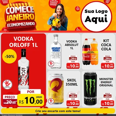 Modelo de Rede Social para Feed Facebook com o tema Comece Janeiro Economizando para Distribuidora de bebidas