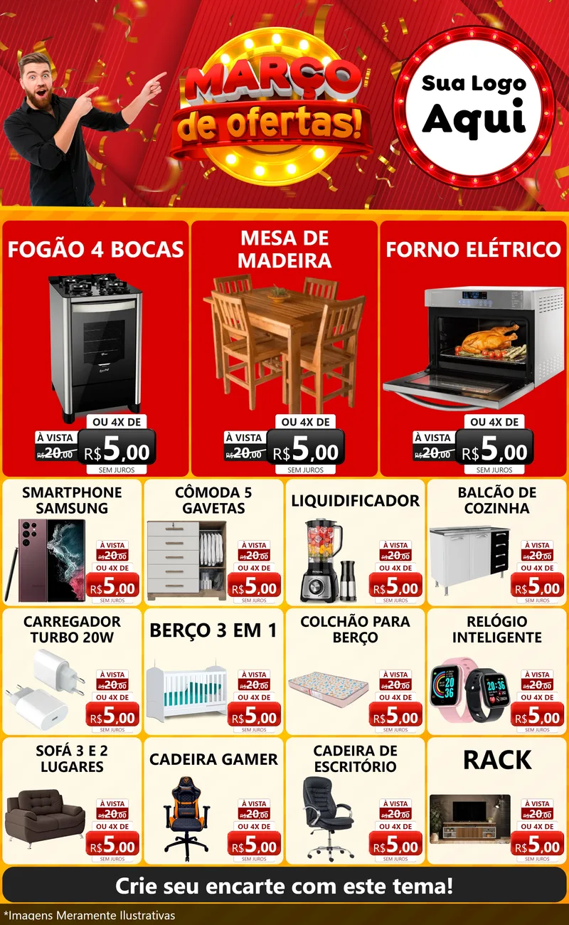 Modelo de Encarte para Encarte Grande com o tema Março de Ofertas! para Móveis e Eletro