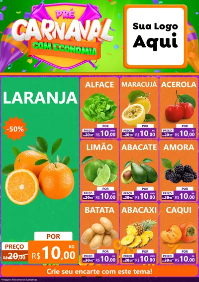 Modelo de Encarte para Encarte A4 Vertical com o tema Pré-Carnaval Com Economia para Hortifrúti
