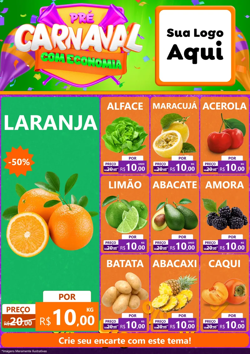 Modelo de Encarte para Encarte A4 Vertical com o tema Pré-Carnaval Com Economia para Hortifrúti