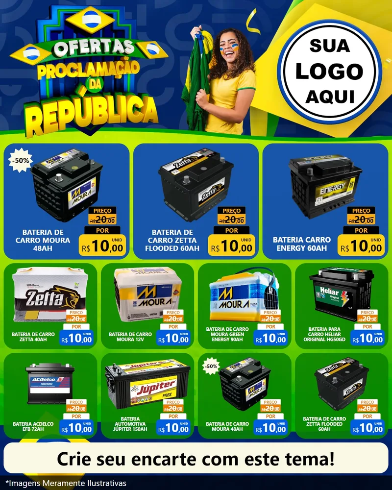 Modelo de Rede Social para Feed Instagram com o tema Ofertas Proclamação da República para Baterias Elétricas