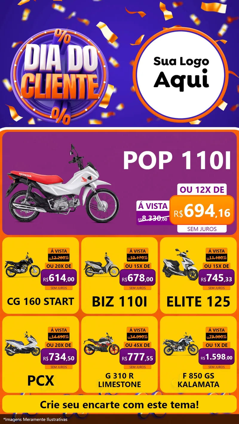 Modelo de Rede Social para Stories com o tema Dia do Cliente para Concessionaria de Motos